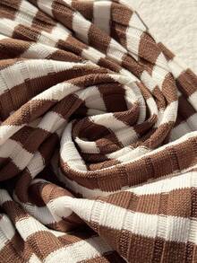 Girls' Casual Striped Pleated Waist Wide-Leg Pants With Striped Print, Brown Striped Flared Pants, Suitable For Daily Outings, Spring And Autumn Pants - Brown - View 6