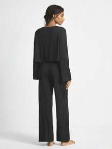 Ocili 两件套舒适柔软竹纤维针织圆领长袖上衣和裤子女士睡衣套装，适合夏季、秋季和冬季穿着 - 黑色 - 查看 3