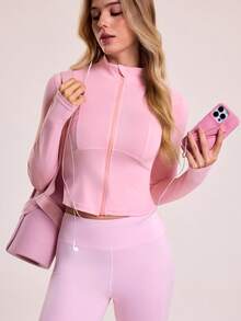 Sovereign Charm Front Zip Fitted Cropped Sports Jacket - Pink - View 1