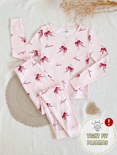 2pcs/Set Tween Girls Elegant Pink Sweet Cherry Bow Print & Solid Color Round Neck Long Sleeve Top And Pants Snug Fit Comfortable Loungewear Pajamas Girls Kids Pj Set Girl Pink Tight Fit Pajamas Sleep Wear For Girls Pajama Set For Girls Valentine's Day