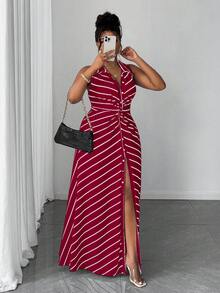 Maweii Plus Size Women Casual Striped Knit Twist Design Dress