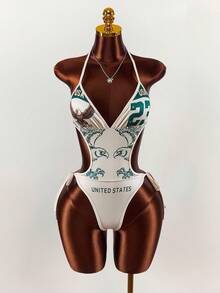 Amplova Y2k Women's Fashionable Sexy Eagle Print Backless Halter Bodysuit Rugby Triangle Cup Eagle Slogan Print Cutout Cross Straps High Waist Cutout Mini Jumpsuit - Army Green - View 1