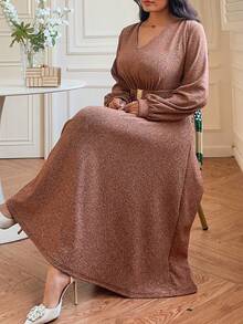 Dazy Plus Vestido elegante de manga larga con cuello en V ajustado y elástico, estilo Gugu, adecuado para banquetes, citas, fiestas, primavera/otoño