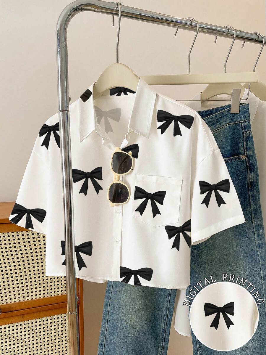 INAWLY Áo cánh tay ngắn in họa tiết nơ cho nữ - Nhiều màu - Xem 1