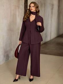 Roveilla 大码女式两件套，V领系带长袖衬衫，前襟纽扣，不对称下摆，搭配前拉链高腰阔腿裤，优雅复古法式风格，适合办公室、商务、休闲、派对、圣诞节、感恩节、新年、秋冬季等场合。两件套裤装，优雅女式裤装套装，女士优雅裤装套装，女士两件套，女士两件套，女士优雅两件套，女士优雅裤装，带口袋的女士套装 - 紫紅色 - 查看 5