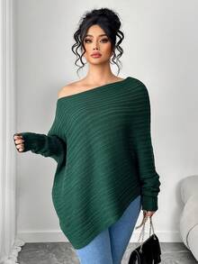 SHEIN Elenzya Áo len chui đầu dáng rộng vai chéo thanh lịch tinh tế cỡ lớn - màu xanh lá - Xem 4
