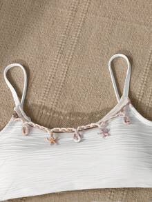 SHEIN 少女连体泳衣，采用纹理面料，带有网纱裙摆，适合海滩、泳池和休闲度假穿着。 - 白色 - 查看 3