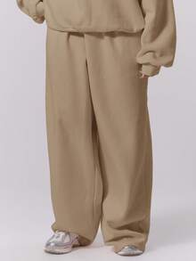 MUSERA Plus Size Straight Leg Fleece Elasticated Waist Joggers Autumn, Winter, , Cute, Everyday, Casual, Coffee Club Curve Autumn Winter Fall