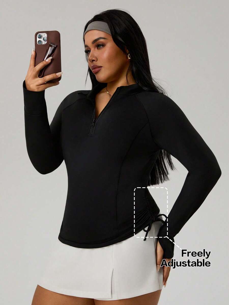 Rhythm Era Rhythm Era Plus Size Women's Black Summer Athletic Gym Sports Sweatshirt,Yoga Running Fitness Tight Long-Sleeve With Thumb Holes & Waist Drawstring - Black - View 1