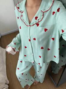 Dream Adore Bộ đồ ngủ họa tiết trái tim sọc cổ nấm cỡ lớn dành cho nữ - Nhiều màu - Xem 3