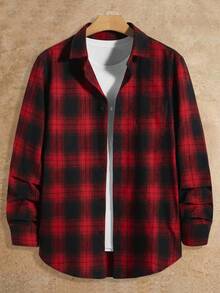 HIMLAND 男士格子长袖单排扣休闲通勤梭织衬衫 - 紅色 - 查看 1