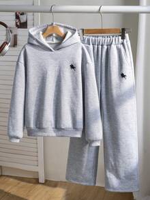 SHEIN Bộ áo hoodie in họa tiết hoa và hình bóng tối giản giản dị dành cho bé gái và quần ống rộng cạp chun, dáng rộng, thoải mái và đa năng, thích hợp cho mùa thu, xuân, đông, mặc hàng ngày, đi làm, ngoài trời, thể thao, đi học, dạo phố, tiệc tùng và chụp ảnh - Xám - Xem 3