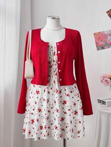 Sweetra 两件套：纯色外套和碎花A字连衣裙，时尚套装 - 彩色 - 查看 5