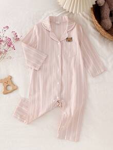 女婴睡衣三件套粉色条纹睡衣套装，包括翻领长袖长裤连体衣，两件套睡衣，适合新生儿、婴幼儿四季穿着，轻薄透气，适合假日拍照，可爱舒适，日常居家服，2026年必备礼物 - 彩色 - 查看 7