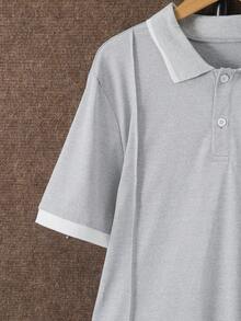 Vacaura 2件套青少年男童休闲灰色撞色袖口及logo装饰Polo衫套装，适合日常、通勤、休闲和运动穿着 - 灰色 - 查看 6