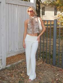 Sydney Algeri 女士蓬松豹纹露背时尚衬衫、豹纹服装、豹纹上衣、皮草上衣 - 彩色 - 查看 3