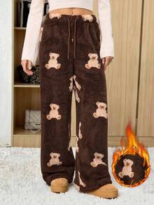 SHEIN Tall Women's Casual Cartoon Bear Pattern Drawstring Waist Teddy Fleece Long Pants, Autumn/Winter - Brown - View 1