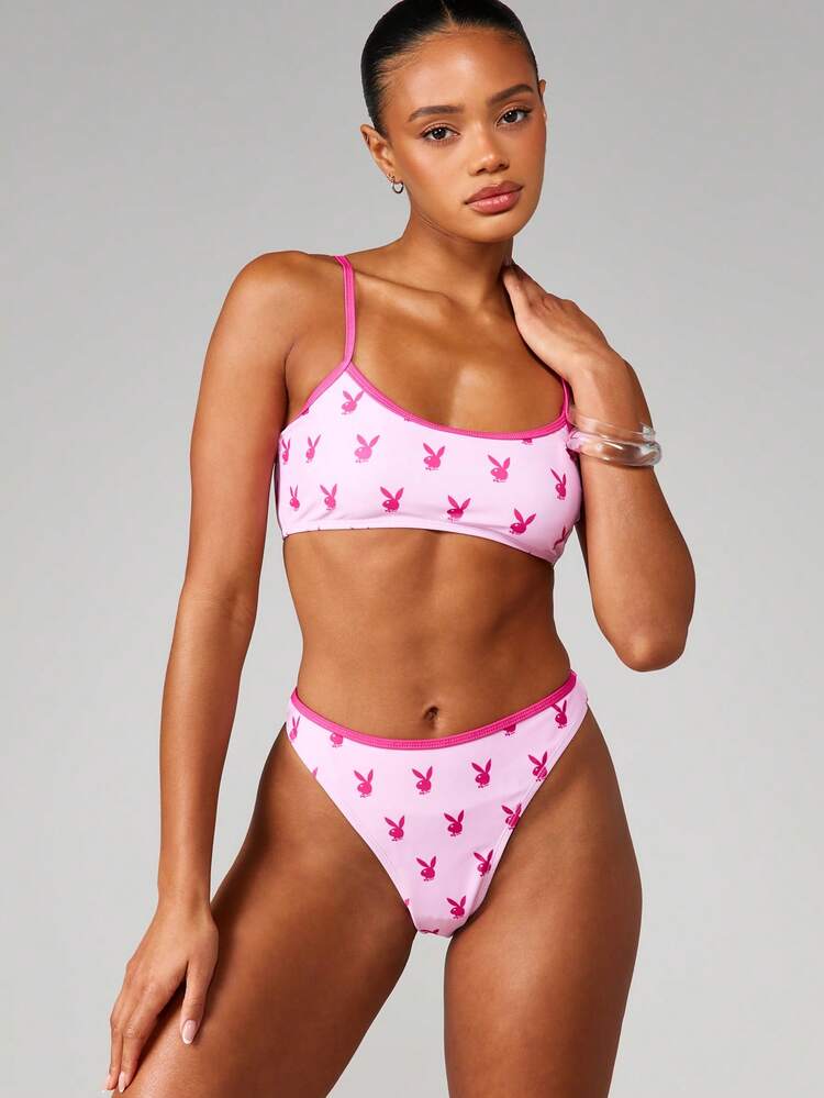 Missguided x Playboy Beach Bunny Print Bikini Set With Adjustable Spaghetti Straps Triangle Top And High Rise Bottom Summer Swimwear