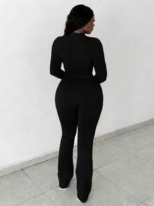 Slaydiva 2pcs Women Casual Basic High Stretch Fitted Long Sleeve Zip-Up Letter Print Top And Pants Set - Black - View 2