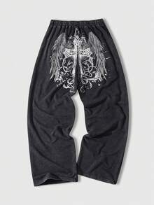 ROMWE MEN Goth 男士抽绳腰带口袋十字印花休闲百搭抓绒运动裤 - 黑色 - 查看 1