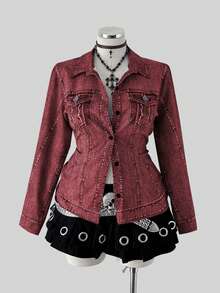 Sunspun 大码秋冬开襟牛仔印花假口袋长袖优雅复古休闲修身衬衫 - 酒紅色 - 查看 3