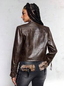 ROMWE Chaqueta corta de mujer de tela de PU con decoración de tachuelas, estilo retro, vintage, hippie y rockero para festivales de música - Marrón - Ver 3