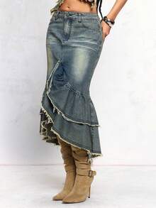 ROMWE J-Fashion 复古Y2K做旧水洗牛仔美人鱼荷叶边裙 - 水鴨藍 - 查看 2