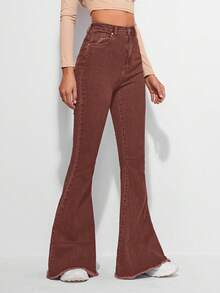 SHEIN Essnce Quần jeans ống loe cạp cao viền thô cổ điển dành cho nữ - Cà phê nâu - Xem 5