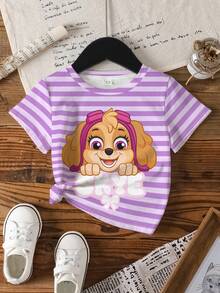 SHEIN | PAW Patrol Áo thun tay ngắn cổ tròn họa tiết sọc và hoạt hình cho bé gái - trắng - Xem 7
