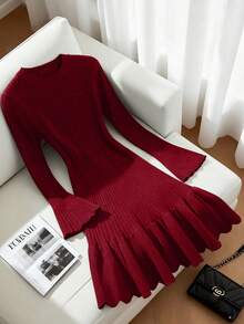 Franclia Neues Herbst/Winter sexy anliegendes Rundausschnitt Trompetenärmel elegantes lässiges Strickkleid für Frauen - Rot - Übersicht 5