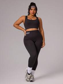 Rhythm Era 大码女式纯色露背背心和字母印花紧身裤运动套装