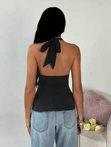 SHEIN TRNDY Women's Retro Sexy Low-Cut Studded Fitted Camisole - Black - View 2