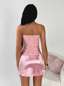 TRNVIE Pink Sequin & Satin Patchwork Strapless Waist Cinched Party/Valentine's Day Mini Dress For Women, Spring/Summer - Pink - View 2