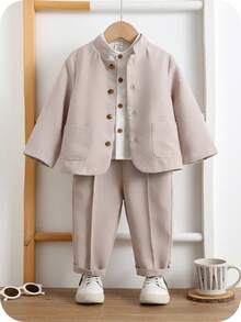 SHEIN 2 piezas Conjunto informal de estilo caballero para niño, incluye chaqueta blazer beige y pantalones formales, adecuado para ocasiones formales, fiestas de cumpleaños, raves, galas, actuaciones, bodas, baby showers y celebraciones del 1er cumpleaños - Multicolor - Ver 7