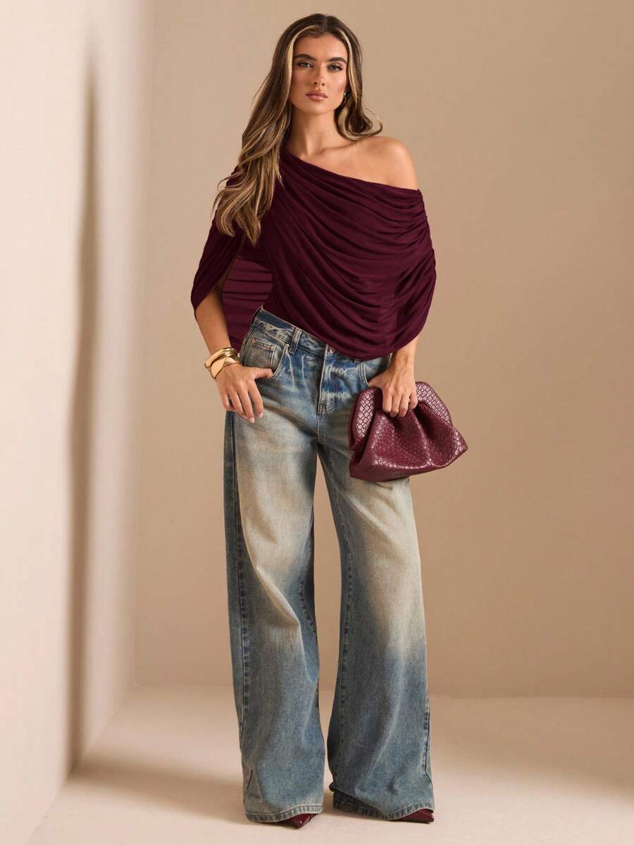 SHEIN BAE 秋冬季纯色棕色/咖啡色露肩褶皱修身优雅连体衣，修身优雅显瘦连体衣，垂褶上衣 - 紫紅色 - 查看 1