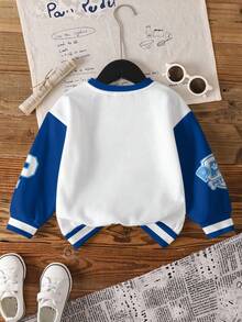 SHEIN | PAW Patrol 年轻男孩休闲时尚街头卡通狗和字母印花撞色落肩宽松羊毛卫衣，秋冬 - 白色 - 查看 2