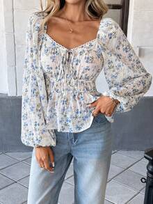 Pariaura Sweetheart Collar Lantern Sleeve Cinched Waist Shirred Tie-Up Ruffle Hem Elegant Blouse - Blue - View 8