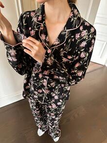 Napfluff Floral Print Lapel Long Sleeve Pajama Set - Matte Black - View 8