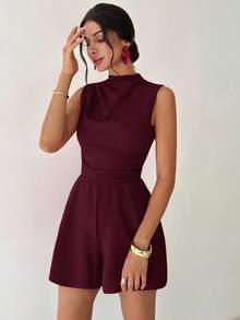 Firerie Women's Elegant Minimalist Delicate Romantic Sweet Daily Commute Wedding Party Music Festival Vacation Pleated A-Line Mini Dress Romper, Red - Maroon - View 3