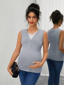 Momance Sleeveless V-Neck Lace Patchwork Ribbed Knit Maternity Tank Top - Grey - View 6