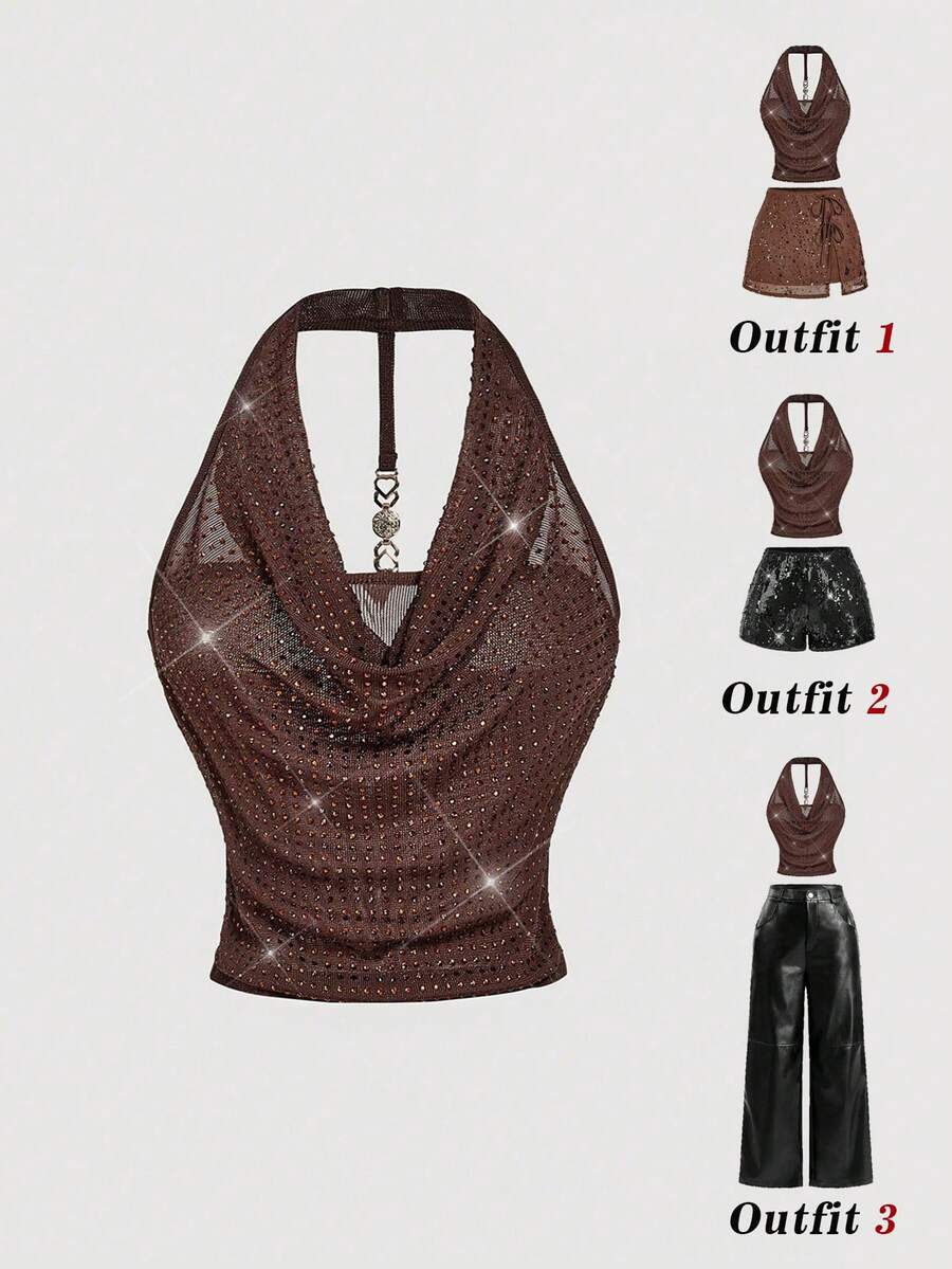 SHEIN MOD Elegante parte superior de mujer con cuello drapeado, adornada con rhinestones marrones, parte superior de fiesta, primavera, parte superior con lentejuelas, parte superior brillante, parte superior con brillo, elegante parte superior para mujer, parte superior para salir de noche, clubes, Día de San Valentín, concierto de country, San Valentín para mujeres