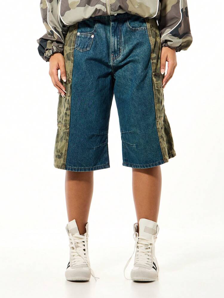 SUMWON WOMEN Camo Denim Wide Leg Cargo Shorts