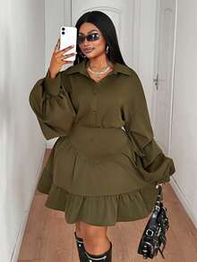 Maweii 大码长袖休闲优雅复古设计连衣裙 - 軍綠色 - 查看 4