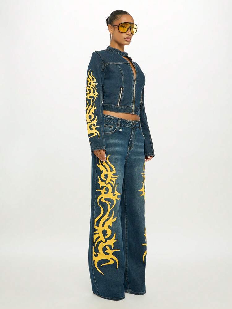 Flame Graphics Denim Cropped Jacket With Yellow Print