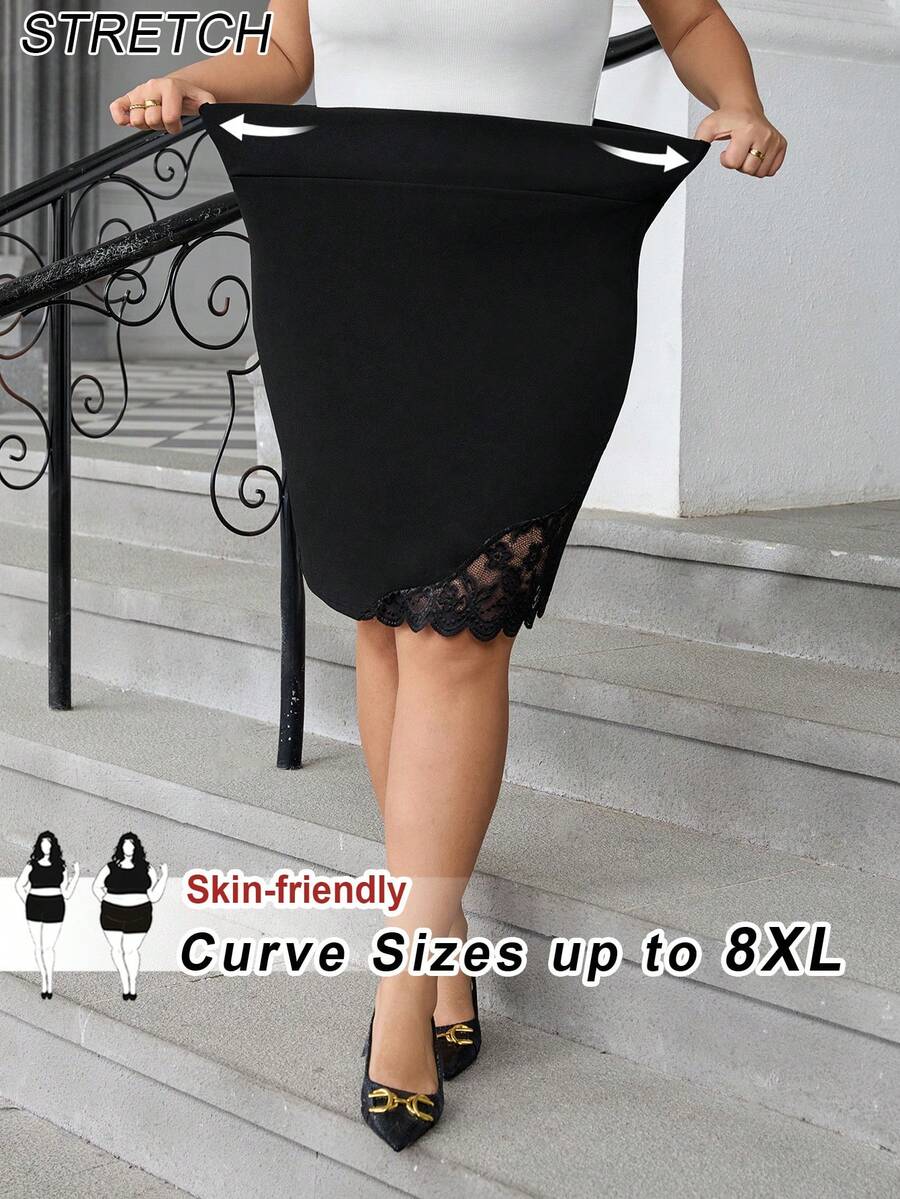 SHEIN CURVE+ 加大码女士黑色优雅蕾丝及膝A字裙,女裙/2026/新年 - 黑色 - 查看 1