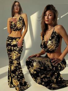 Aloruh Bộ 2 món áo hai dây hở lưng cổ sâu gợi cảm màu đen và vàng + chân váy cạp siêu dài, thích hợp cho tiệc tùng và khiêu vũ - Nhiều màu - Xem 2
