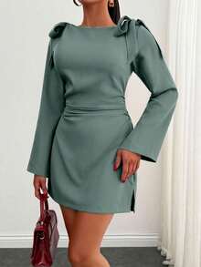 EURMUSE Women, Autumn, Short Dress, Tie Shoulder, Zipper, Flare Sleeve, - Mint Green - View 4