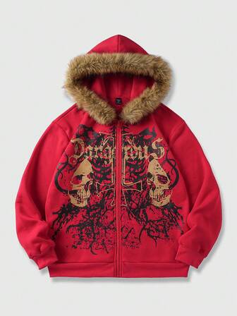Goth Herren Sweatshirt mit Reißverschluss, Kapuze und Fellkragen mit Buchstaben- und Totenkopf-Muster
