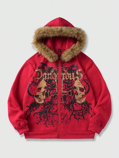 Goth Sudadera con capucha con cremallera y estampado de letras y calavera con cuello de piel para hombre