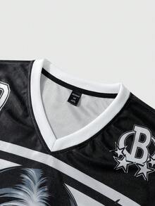 ROMWE MEN Anime Men's V-Neck Short Sleeve T-Shirt, Black & White Angel Girl Print + Number 10 Element Print, Essential Streetwear Casual Top - Multicolor - View 3